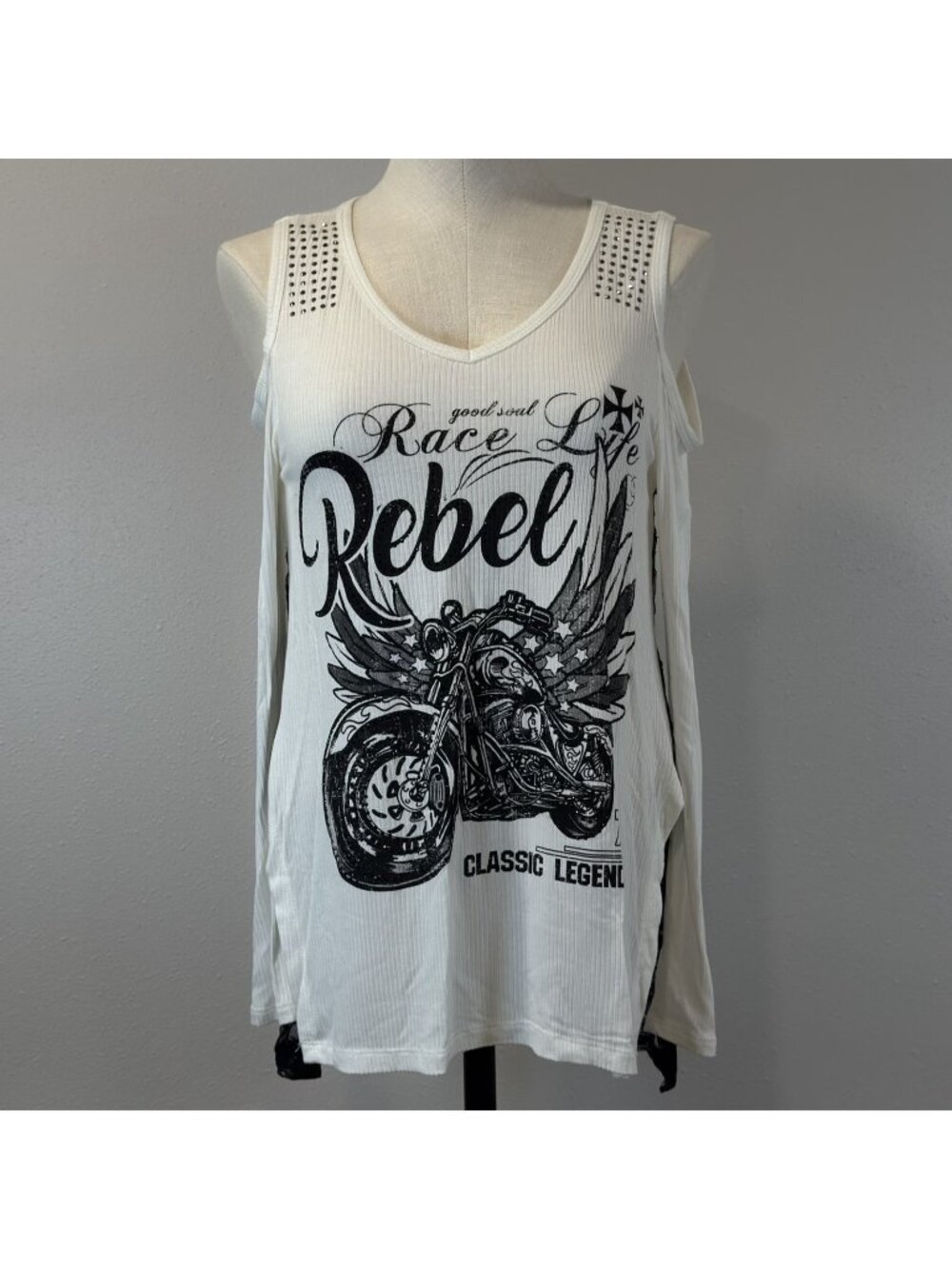 Voice of California Rebel Cold Shoulder Top Womens Size S White Lace Biker NEW